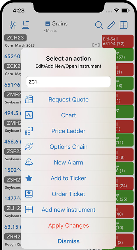 QST Mobile Trading App For iOS And Android With Advanced Actions On Quotes Monitor Such As Charts, Options, Depth Of Market, Price Ladder, Trade Ticket At One Click Away