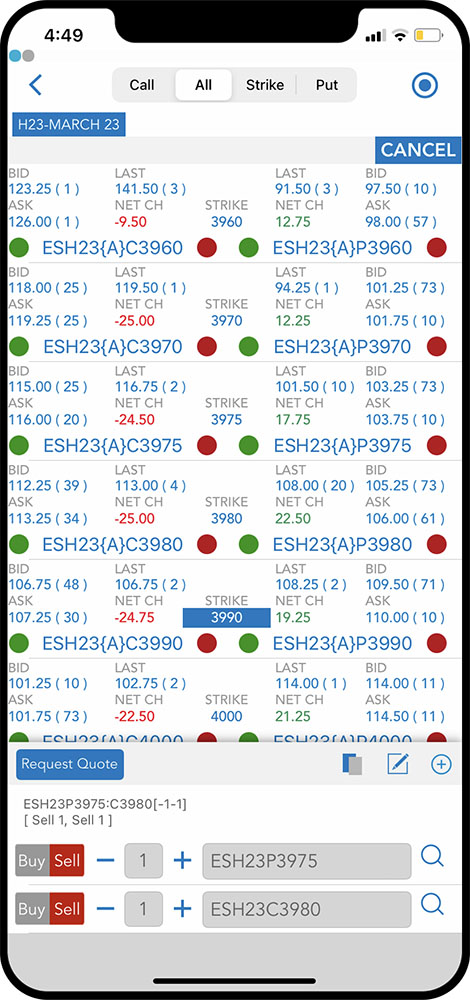 QST Mobile Trading Application For iOS and Android Showing Detailed Information About The Options For A Given Instrument