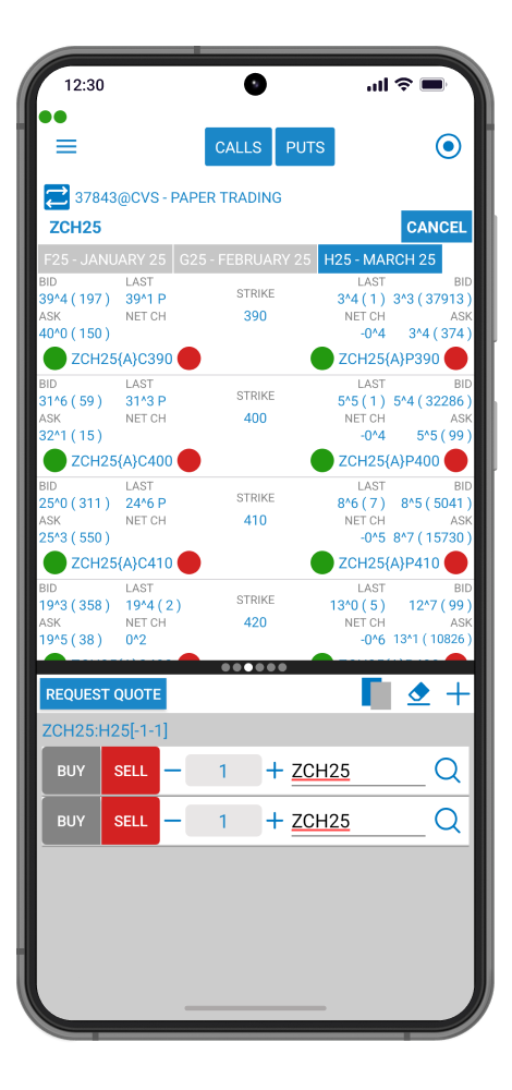 QST Mobile Trading Application For iOS and Android Showing Detailed Information About The Options For A Given Instrument