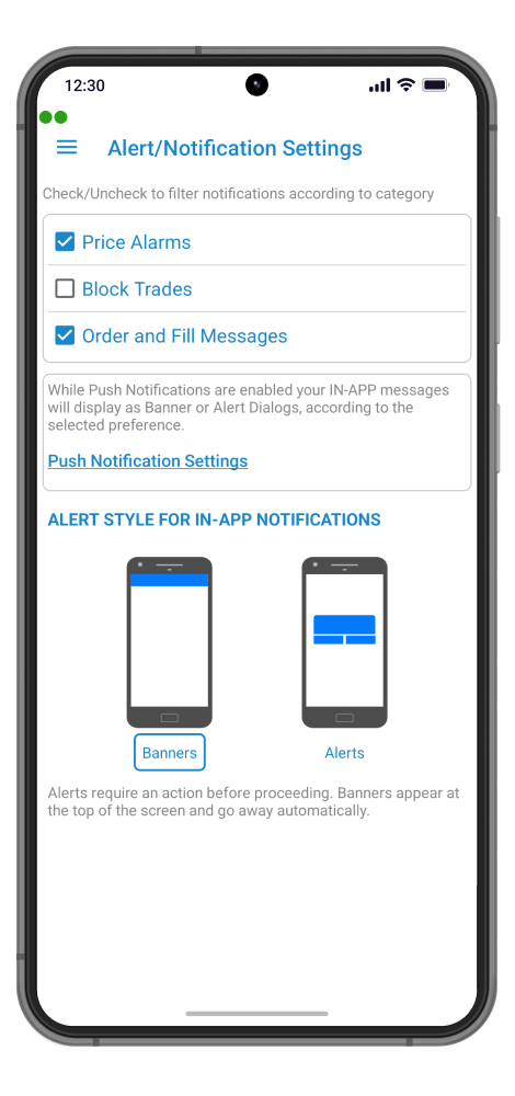 QST Mobile Trading App For iOS and Android Allowing Users To Enable Or Disable Available Alerts And Push and In-App Notifications