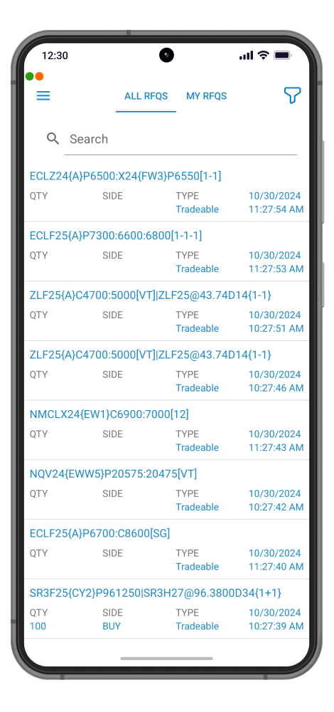 QST Mobile Trading Application For iOS and Android With Filters For Futures, Options, Futures Strategies, Options Strategies