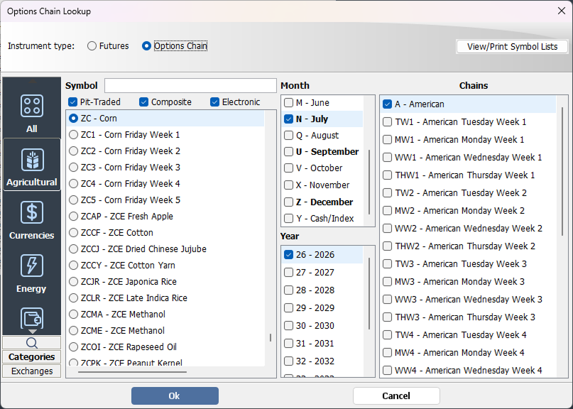QST Professional Advanced Instrument Lookup Organized By Type: Futures, Options, Strategies, FX, By Category: Currencies, Financial Energy Or By Exchange